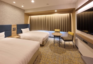 A hotel room with two beds, a small table, a chair, a TV, and a large window with curtains. - JR WEST GROUP VIA INN SHINAGAWA OIMACHI (Tokyo)