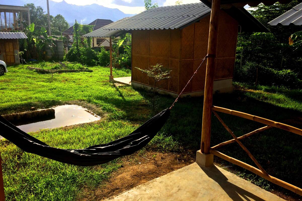 A hammock hanging under a wooden structure with a metal roof, surrounded by a grassy yard and a small pond.