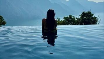 Outdoor pool, pool umbrellas, pool loungers