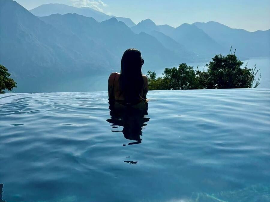 Outdoor pool, pool umbrellas, pool loungers