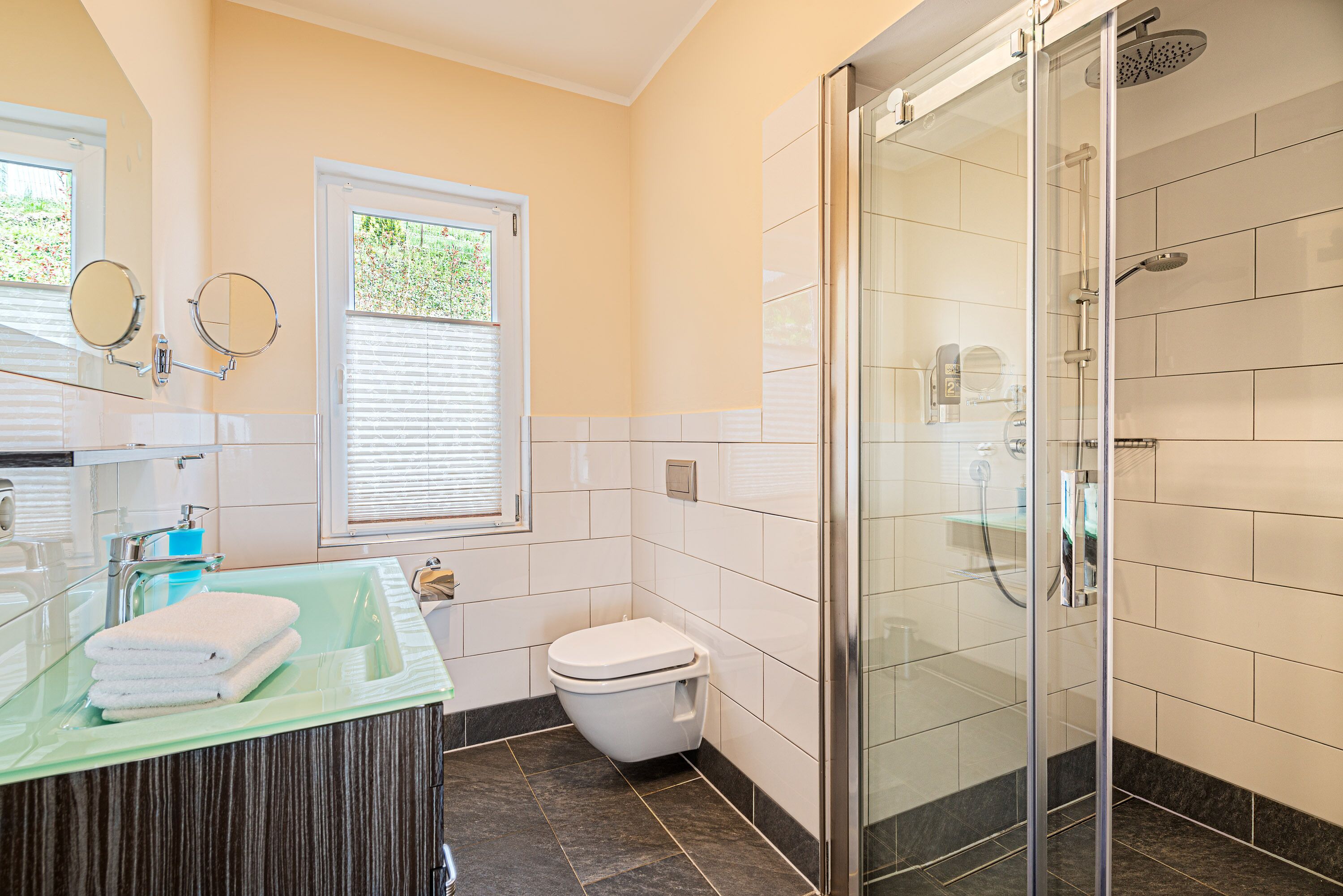 superior double room | bathroom | shower, free toiletries, towels