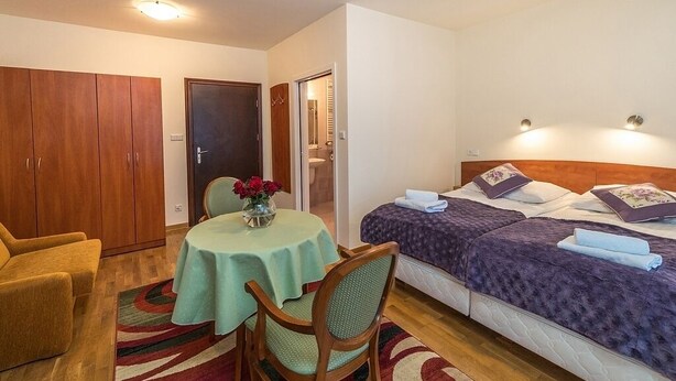 A hotel room with a bed, a chair, a table with a vase of flowers, and a wardrobe. - Astoria - Willa Literatów (Zakopane)