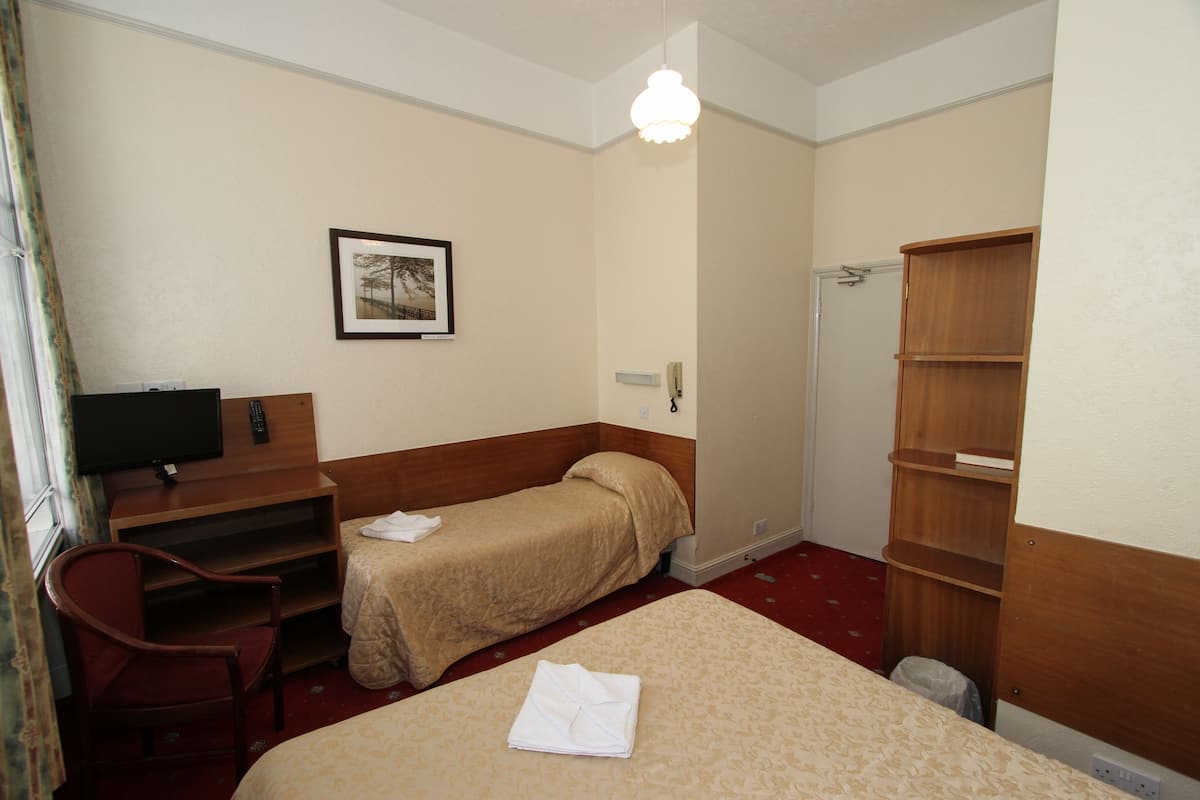 Habitación de hotel con dos camas individuales, un escritorio con silla, un televisor, un cuadro en la pared y un armario de madera.