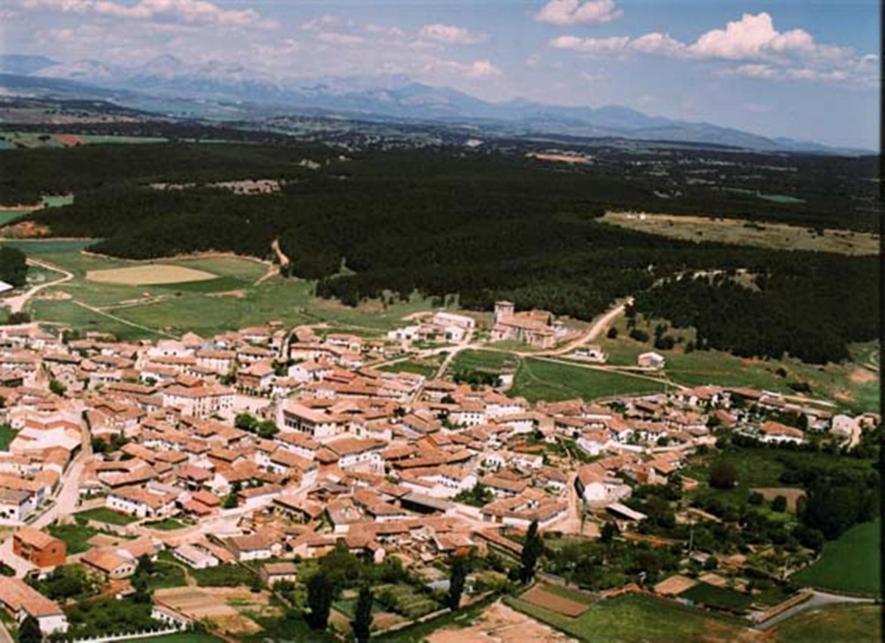 A town with a dense cluster of buildings, some with red-tiled roofs, surrounded by green fields and a mountainous backdrop.