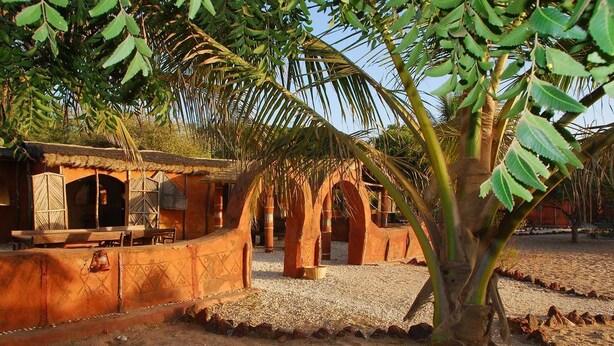 A traditional building with a thatched roof, a wooden bench, and a palm tree in the foreground. - Ecolodge de Palmarin (Fatick)