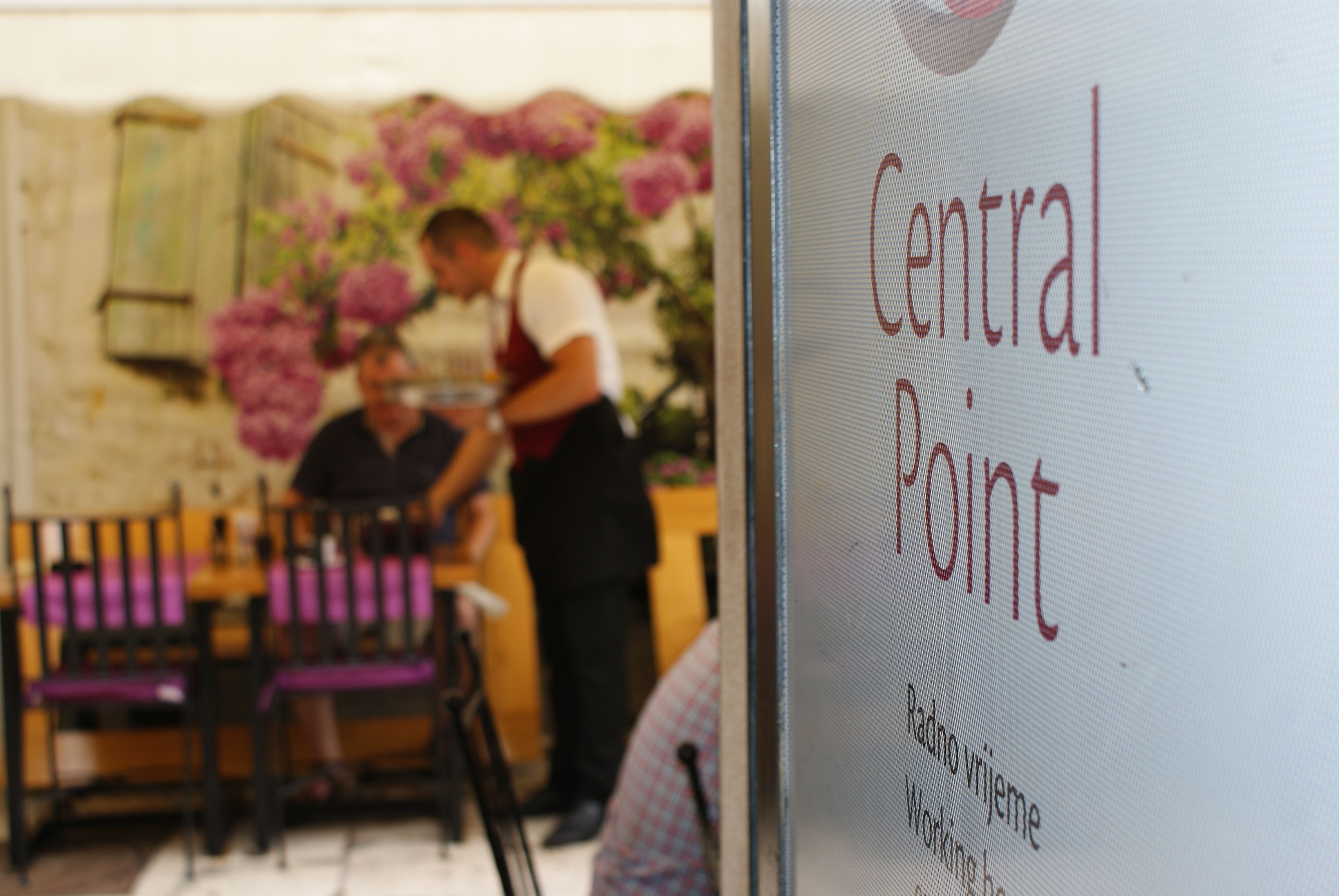 A sign with the text "Central Point" and "Radno vrijeme Working hours" indicating a location or establishment.