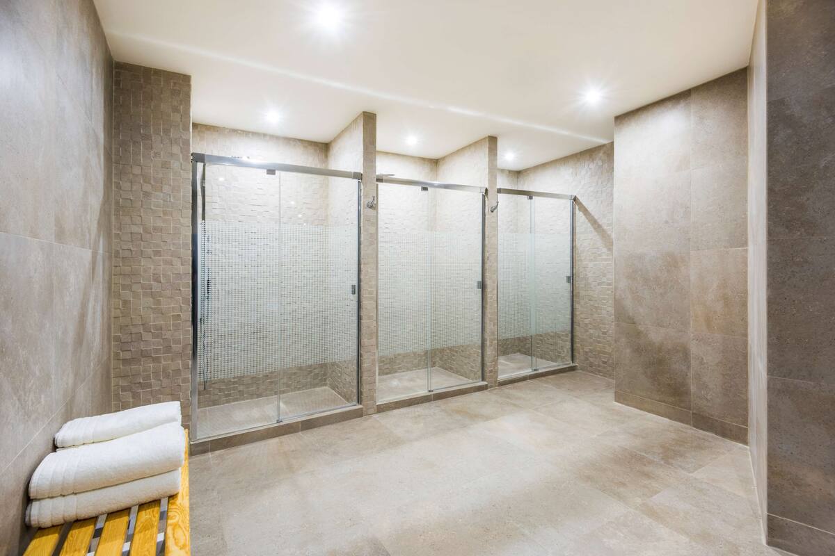 rainfall showerhead, hair dryer, towels