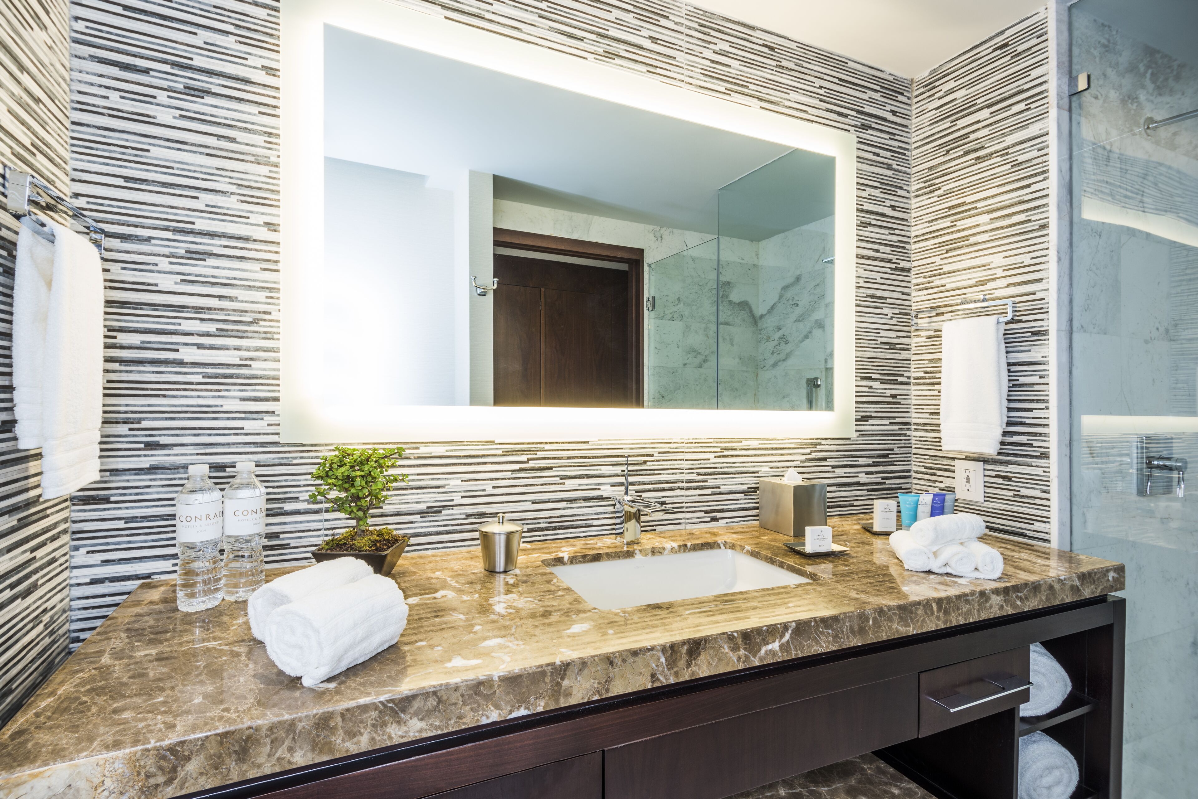 rainfall showerhead, hair dryer, towels