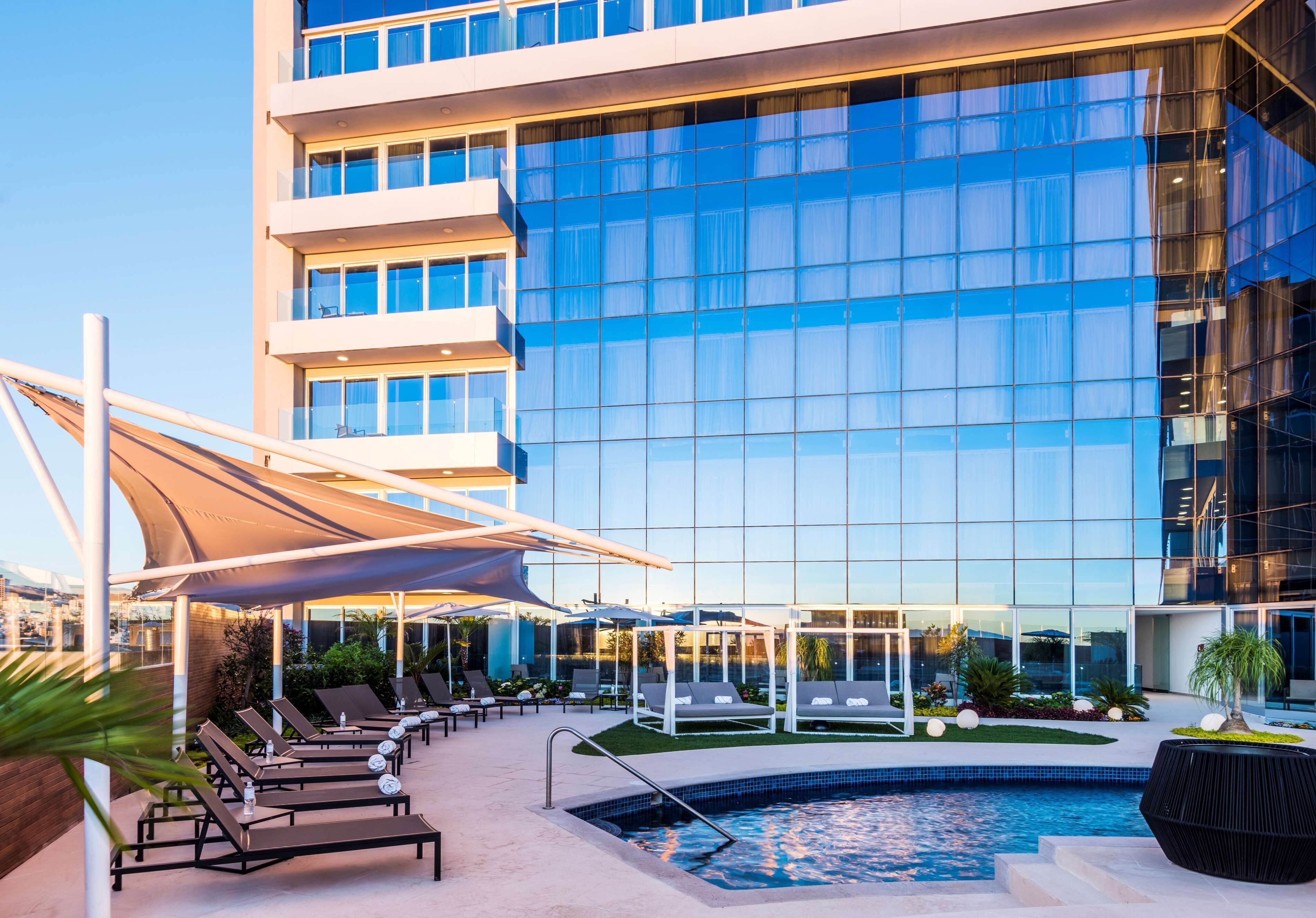 Outdoor pool, pool umbrellas, pool loungers