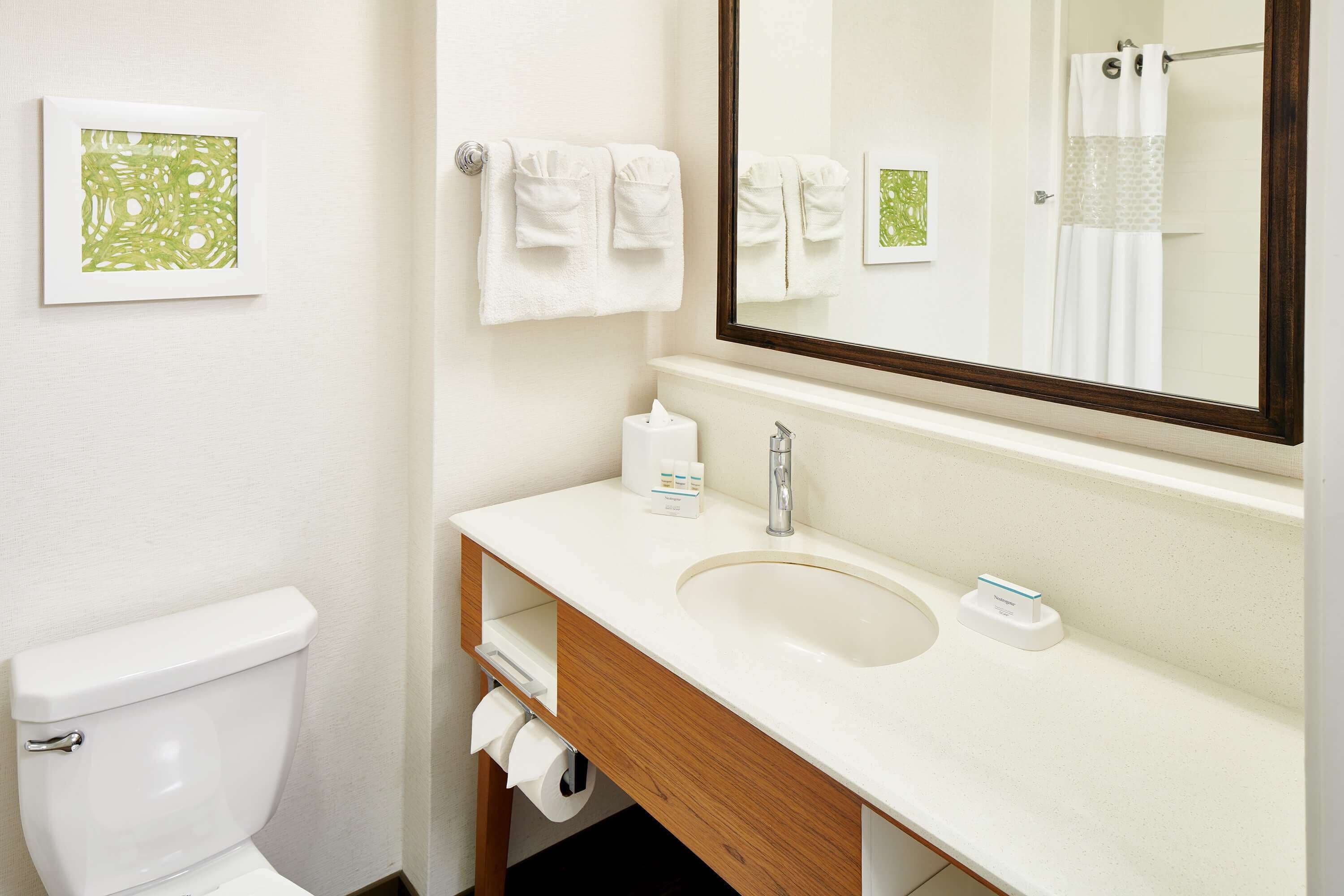 A bathroom with a white toilet, a sink with a mirror above it, and a towel rack with two towels.