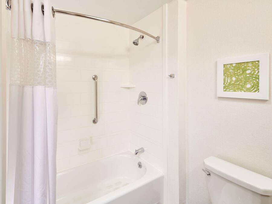 A bathroom with a bathtub, a toilet, a shower with a grab bar, and a framed artwork on the wall.