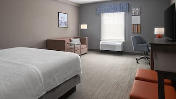 A hotel room with a bed, a desk, a chair, a sofa, a window with blinds, and a radiator.