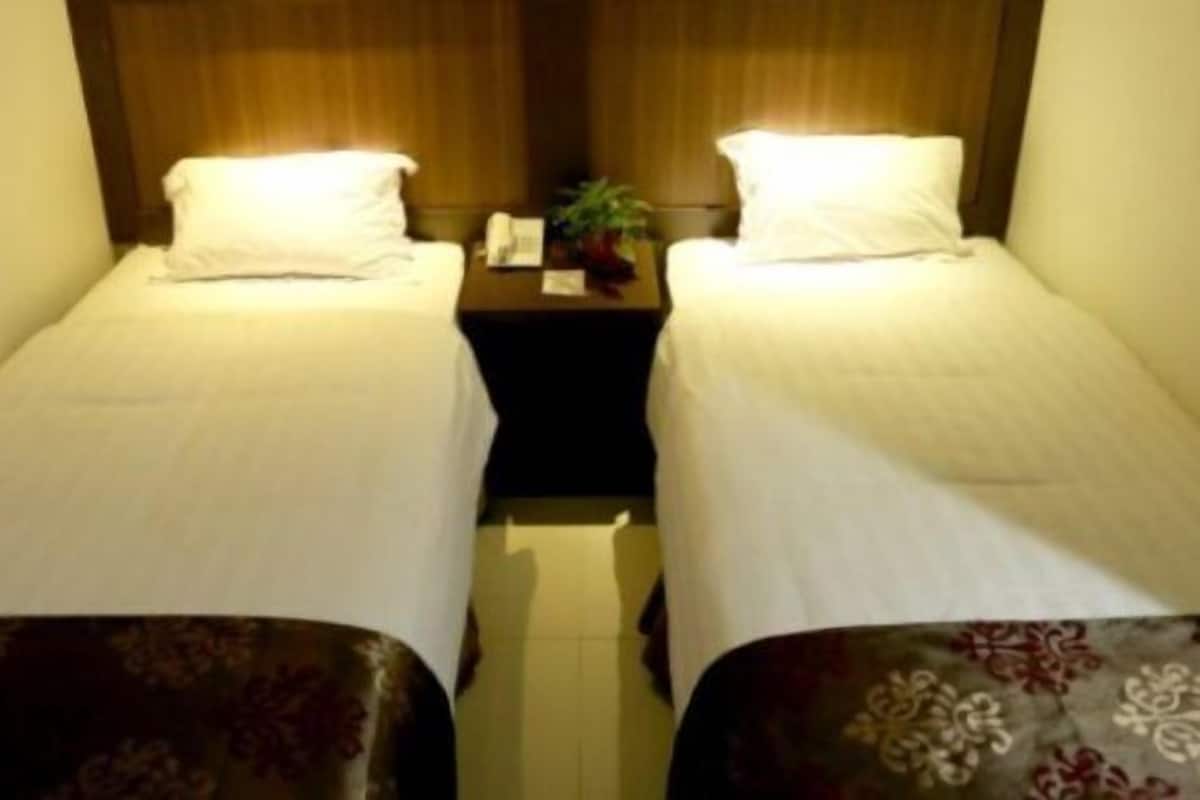 A hotel room with two single beds, a nightstand with a phone and a plant, and a wooden headboard.