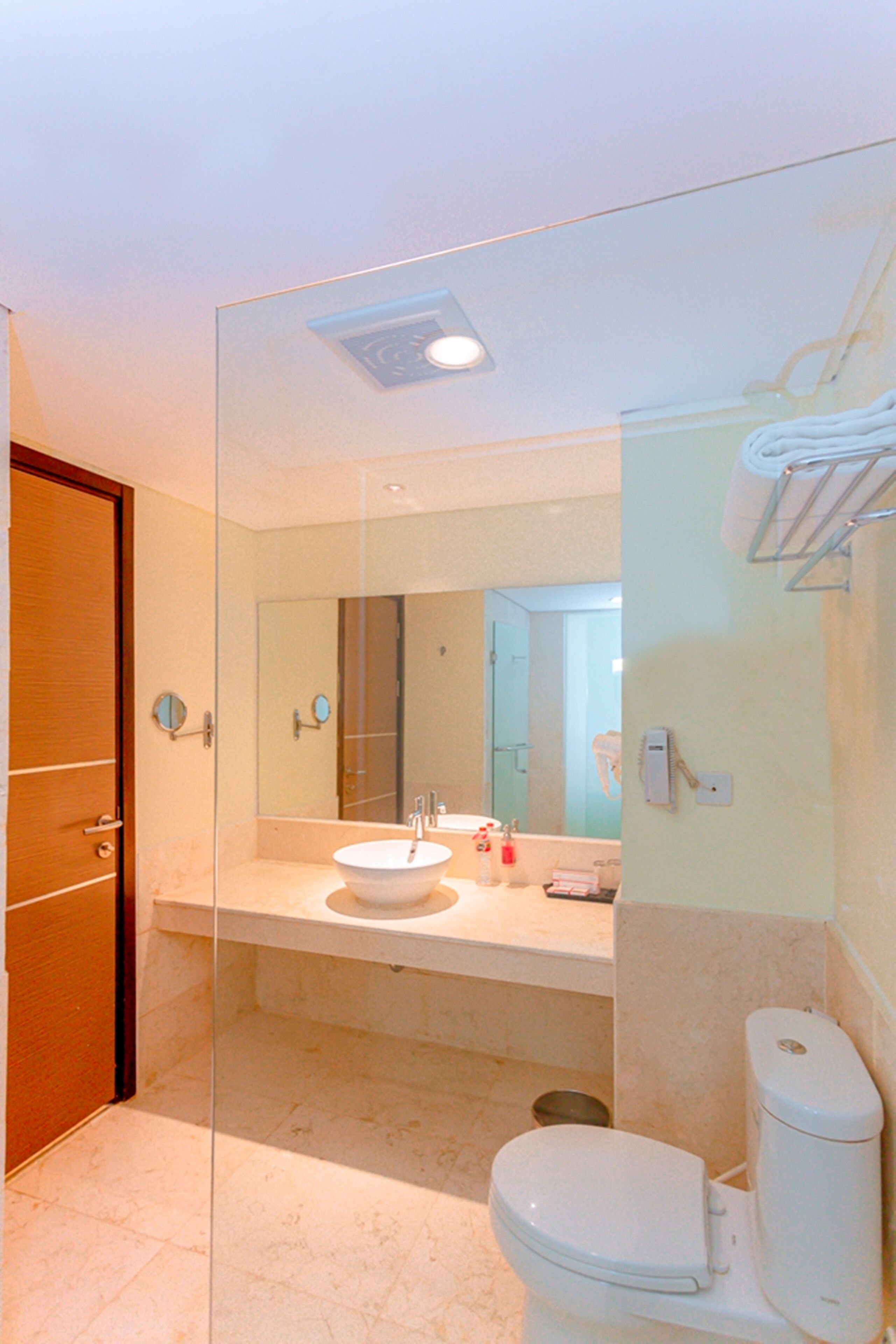 Une salle de bain avec une paroi en verre, un lavabo, des toilettes et un miroir.