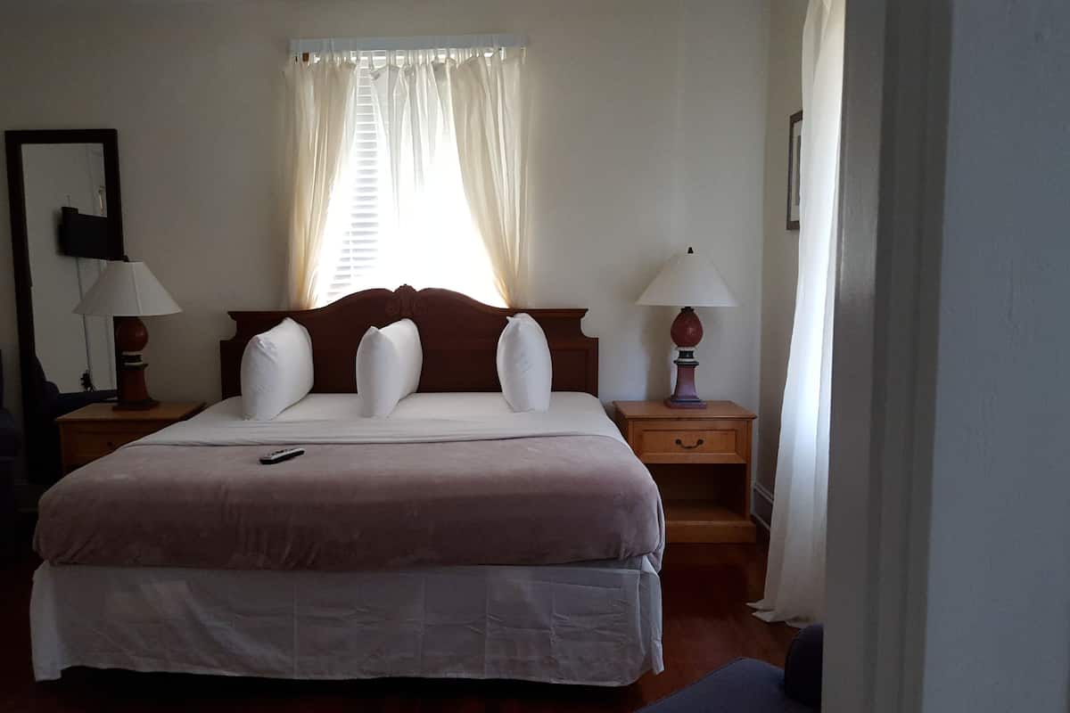 Une chambre d’hôtel avec un grand lit, deux tables de chevet avec des lampes, une fenêtre avec des rideaux et une chaise.