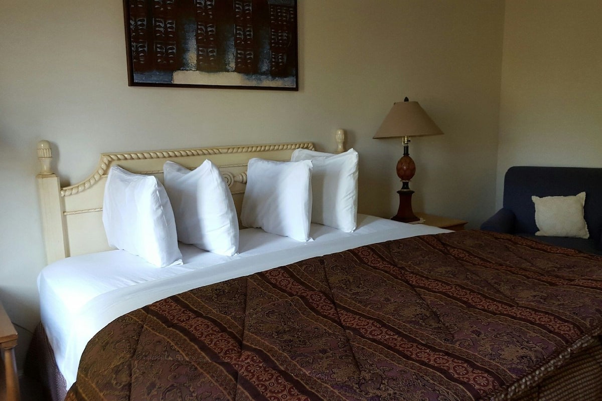 Une chambre d’hôtel avec un lit, des oreillers, une table de chevet, une lampe, une chaise et un tableau au mur.