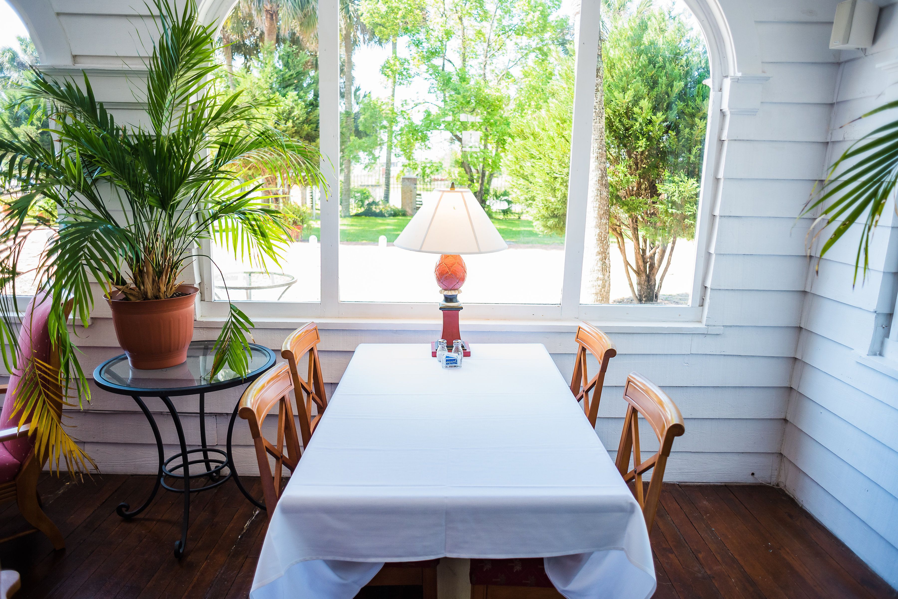 A dining area with a table set for four, a potted plant, and a lamp.