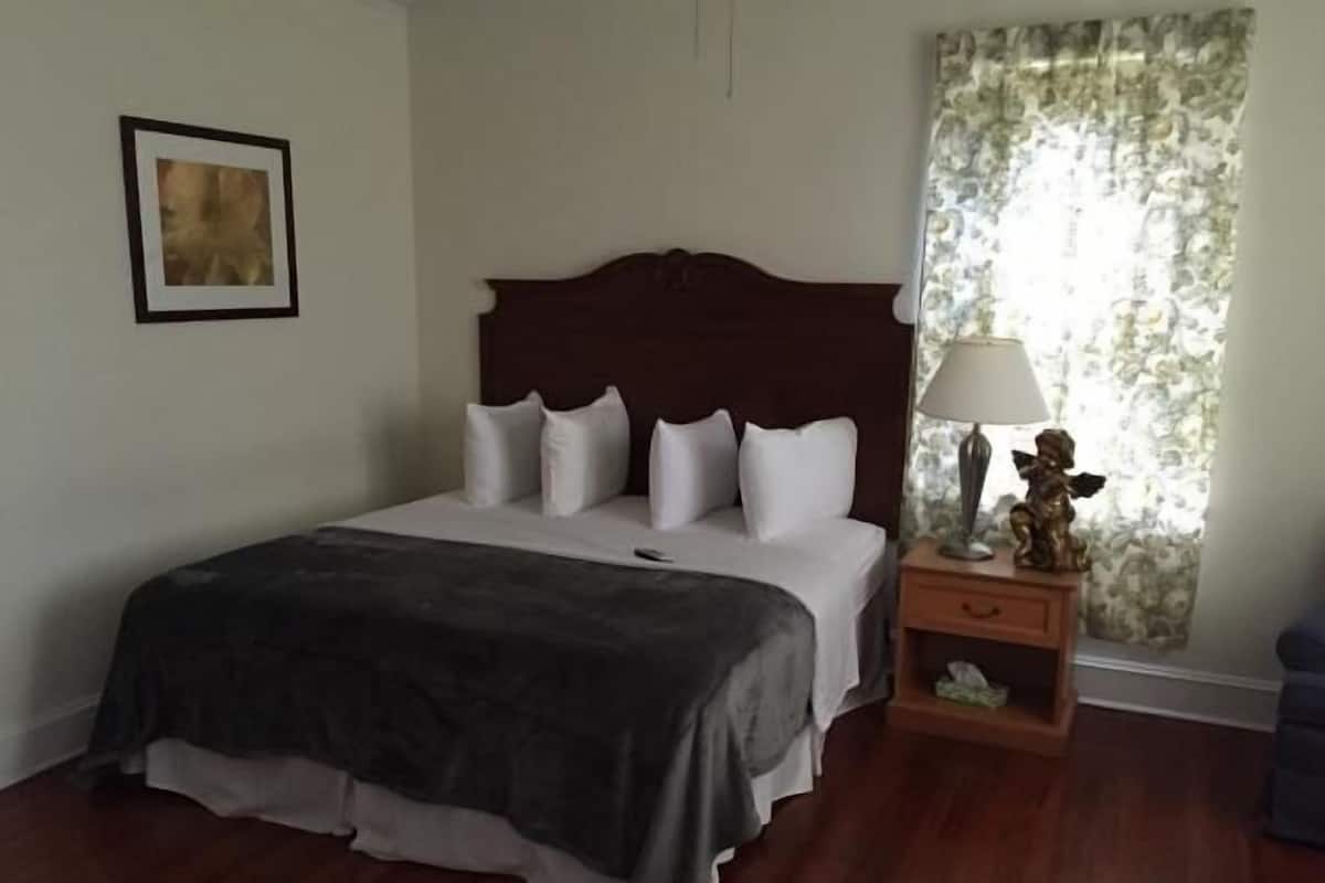 Un lit bien fait, recouvert d’une couvre-lit sombre, avec une tête de lit en bois et des oreillers blancs. Une table de chevet avec une lampe et un objet décoratif se trouve à côté du lit. La pièce est dotée d’un parquet et d’une fenêtre ornée de rideaux à motifs floraux.