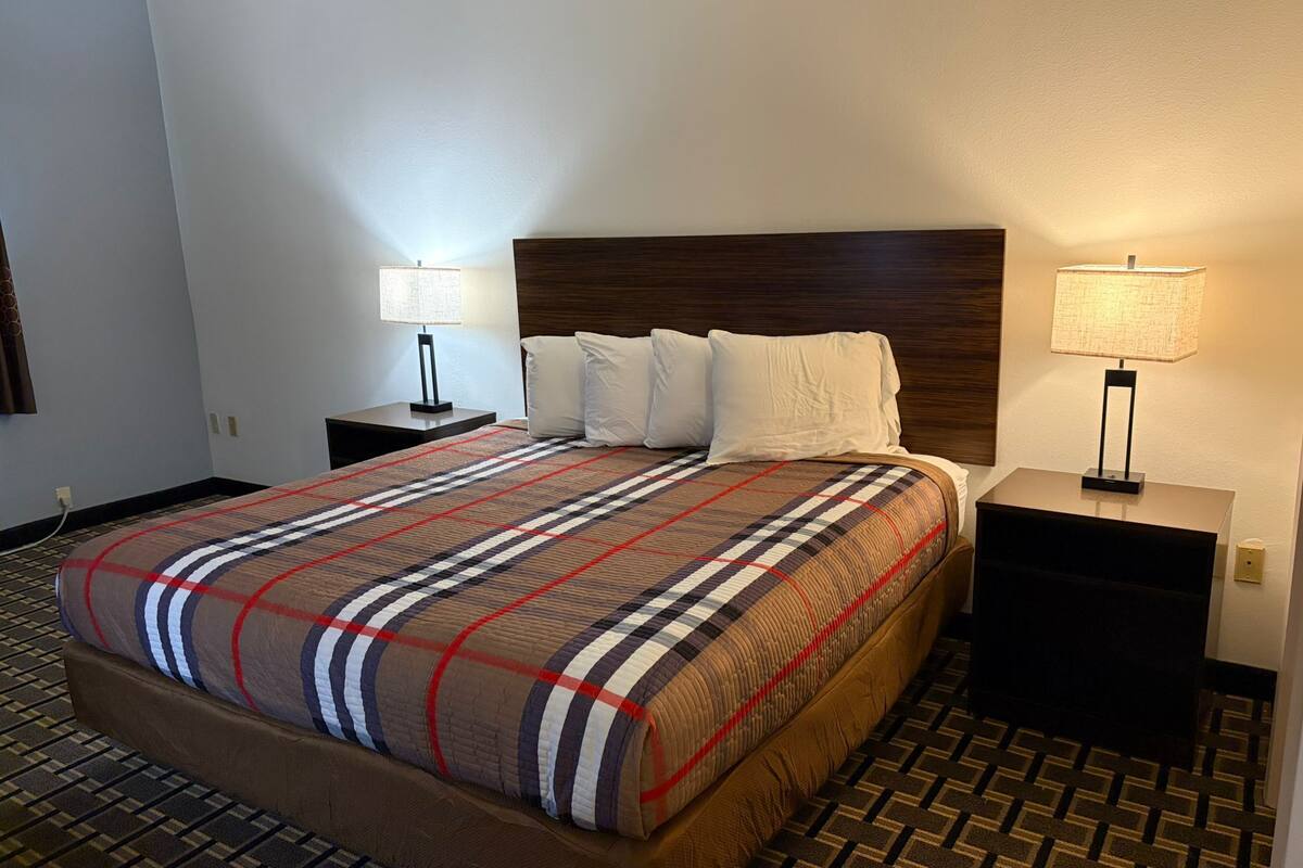 Una habitación de hotel con una cama grande, dos mesitas de noche con lámparas y una alfombra estampada.