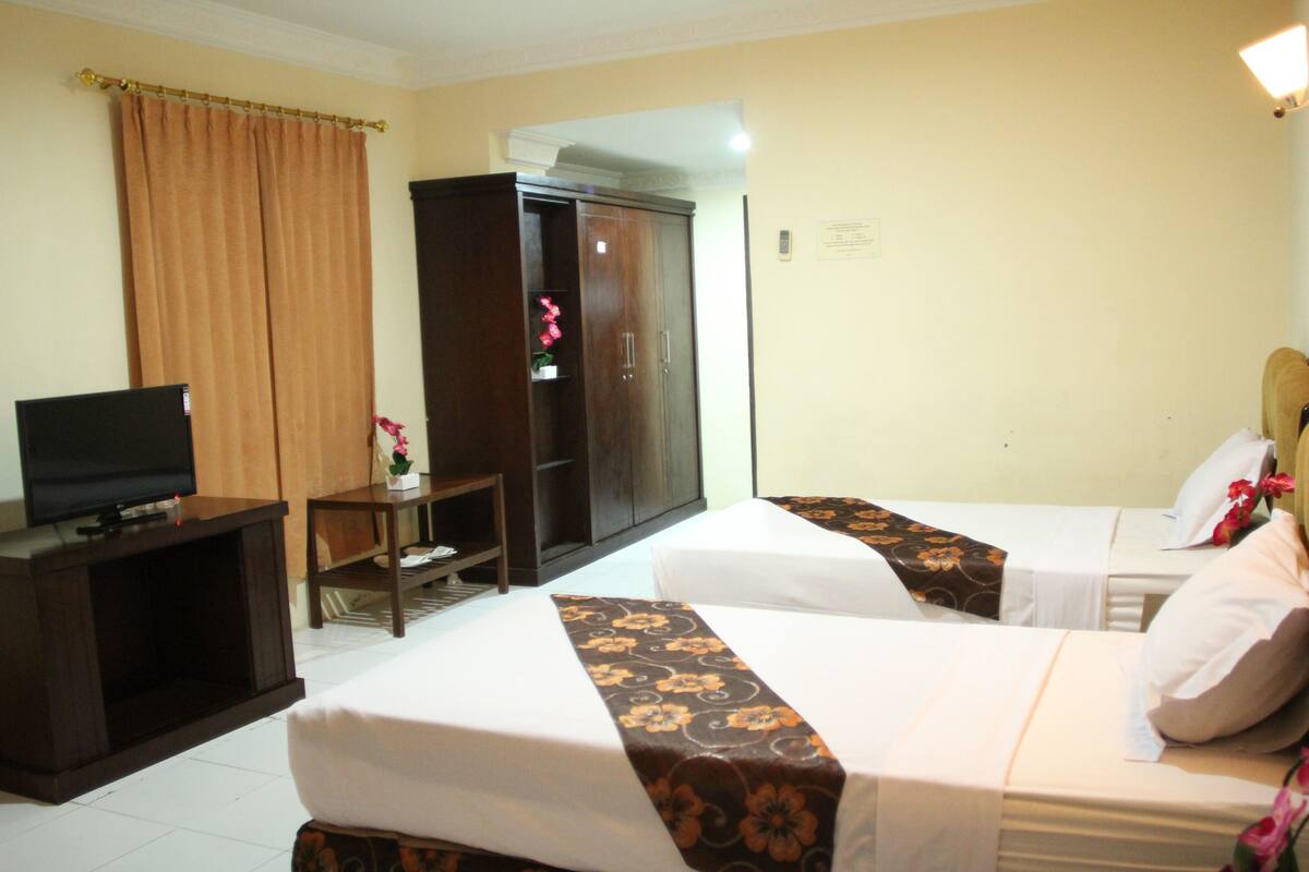 Habitación de hotel con dos camas, un televisor, un armario y una pequeña mesa con una flor.