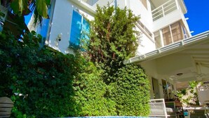 A swimming pool with blue mosaic tiles, a white building with a balcony, and lush greenery. - Summer House Inn San Andres (San Andrés)