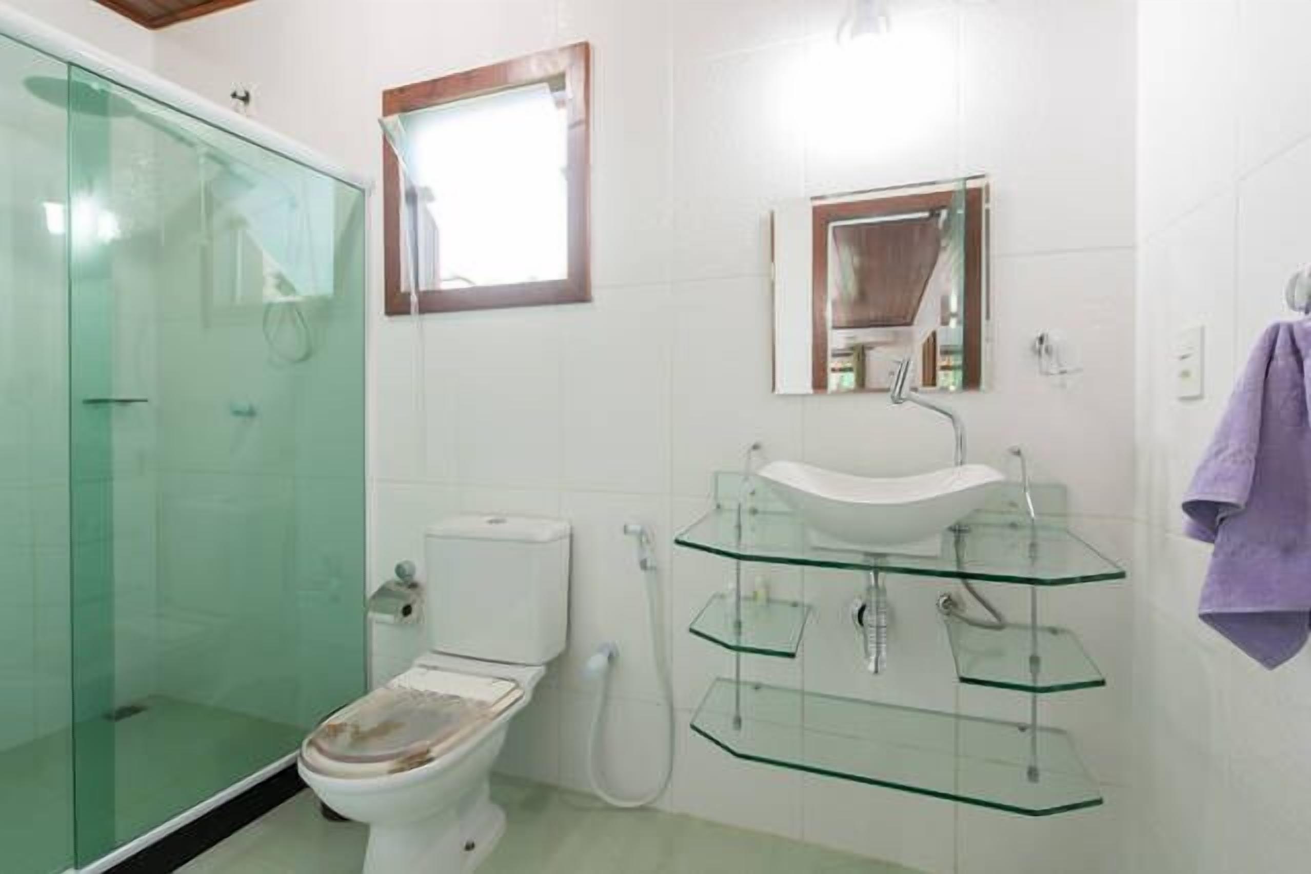 Et badeværelse med glasvæg omkring brusebad, toilet, et glasvask med spejl over, og et lilla håndklæde hængende på væggen.