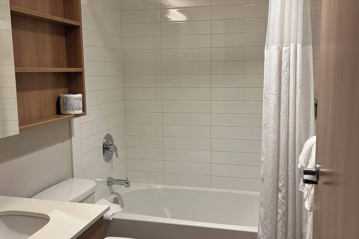 shower, free toiletries, hair dryer, towels