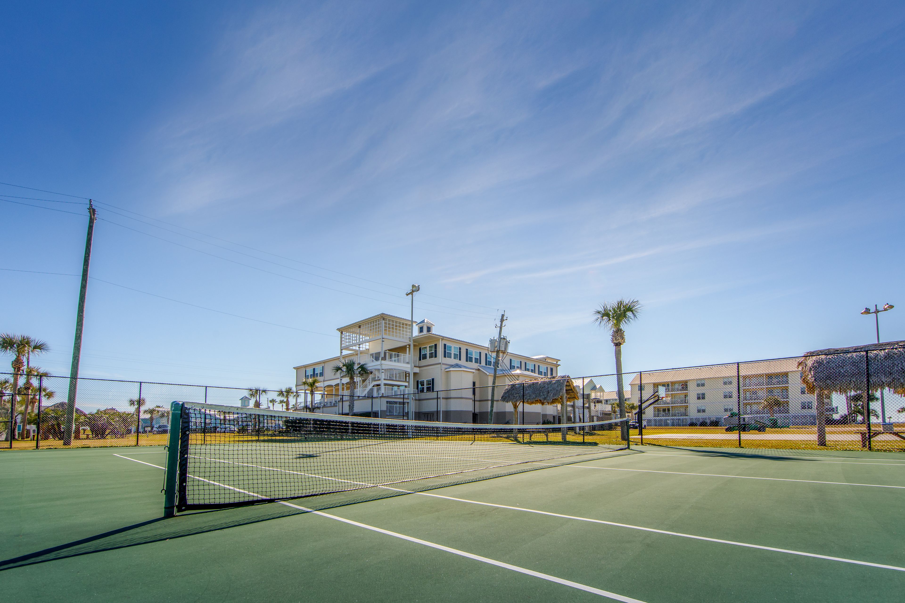 Ein Tennisplatz mit Netz, umgeben von einem Zaun und Palmen.