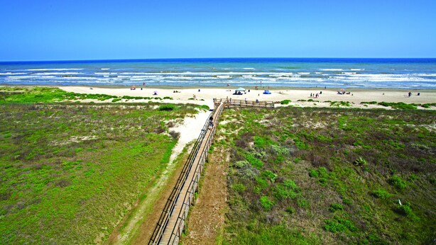 Un paysage côtier avec une plage de sable, une promenade en bois menant à la rive, et un ciel bleu dégagé.