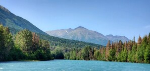 A river surrounded by dense forest and mountains. - Southern Bluff B&B (Soldotna)