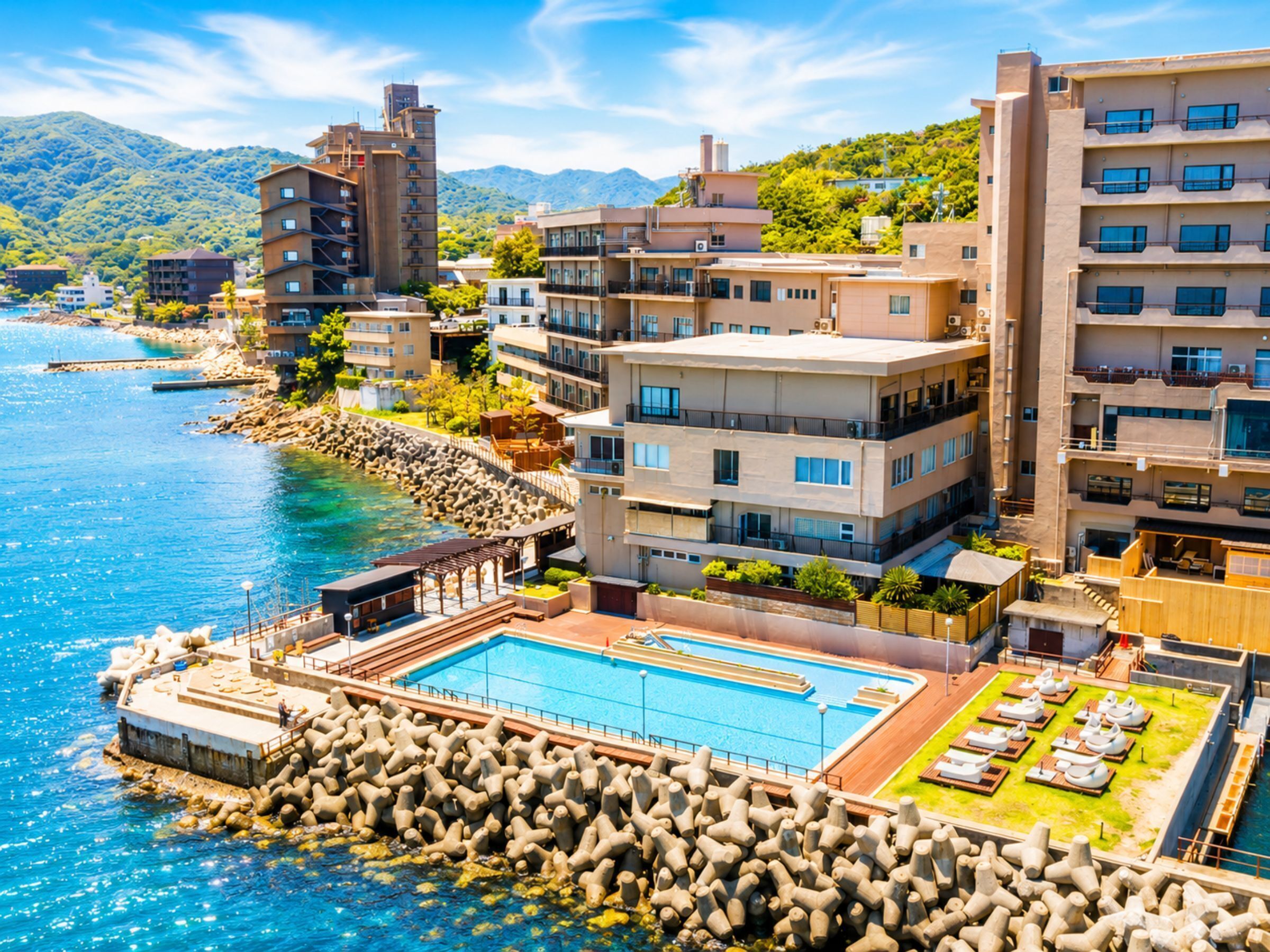 A coastal hotel with a swimming pool, multiple buildings, and a rocky shoreline.