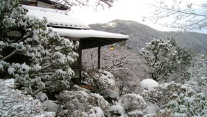 Um edifício tradicional com telhado coberto de neve, cercado por árvores carregadas de neve e um cenário montanhoso.