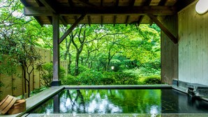 Um onsen japonês tradicional, com estrutura de madeira e vista para vegetação exuberante.
