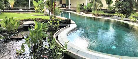 Outdoor pool, pool umbrellas, pool loungers