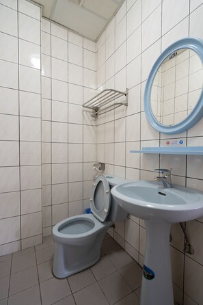 A bathroom with white tiled walls, a toilet, a sink, and a mirror. - Alishan Tea Homestay (Alishan)