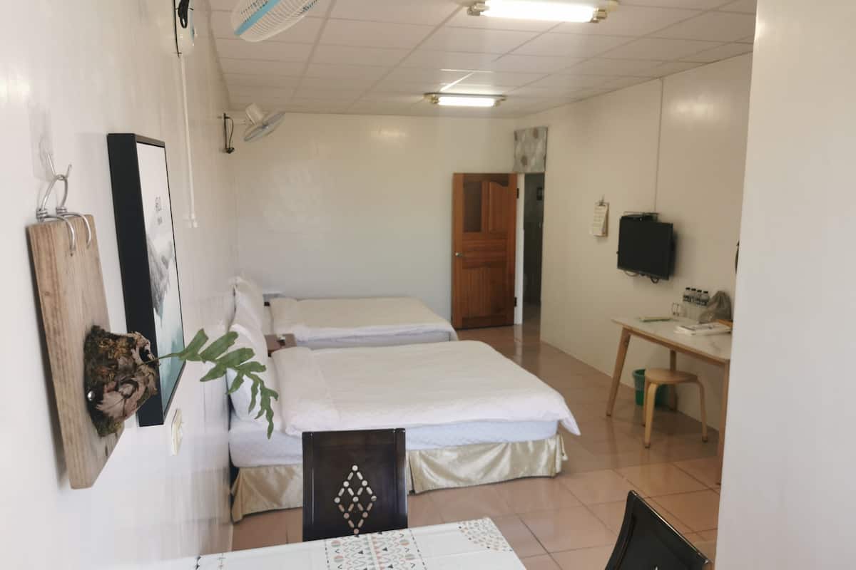 A room with two beds, a desk, a chair, a TV, and a wooden door.