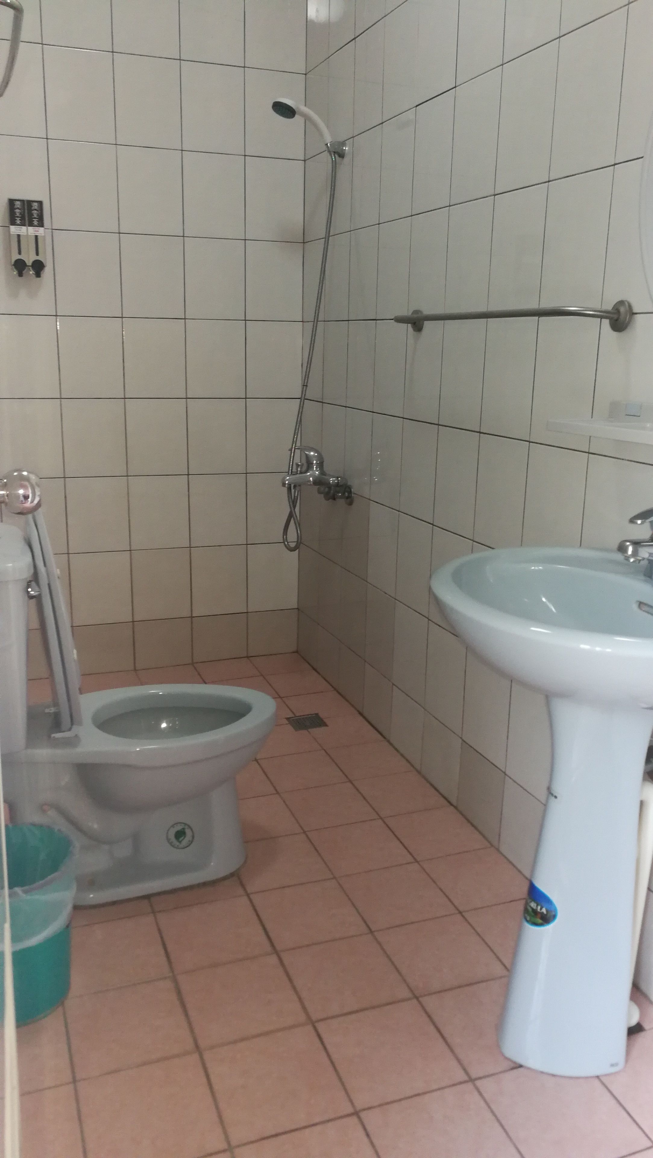 A bathroom with a toilet, a sink, and a shower.