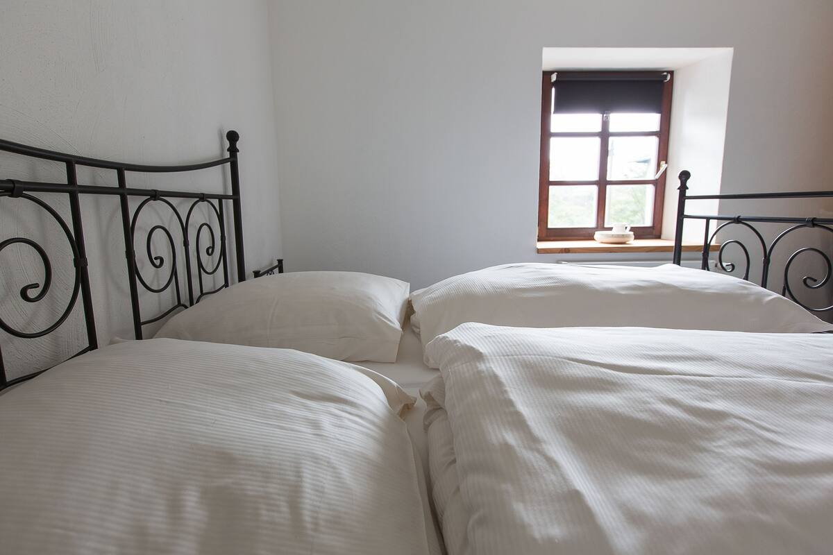 Una habitación con dos camas, un ventanal con vistas y una pared blanca.