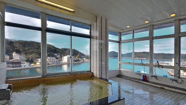 Una amplia piscina interior con vistas despejadas a un pueblo costero y colinas.