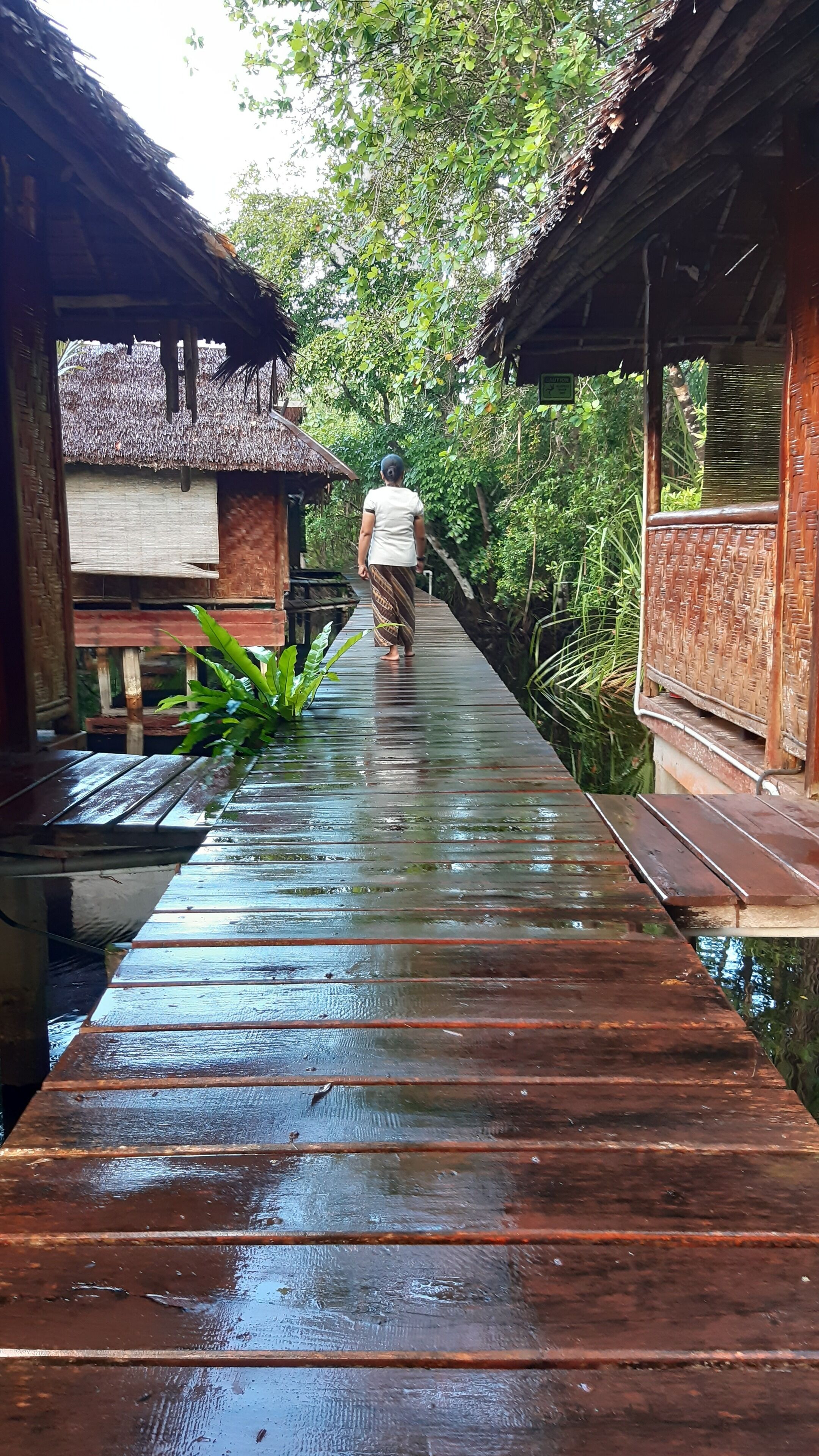 A wooden bridge connecting two wooden structures in a lush, green environment.