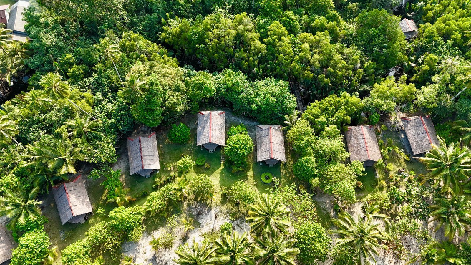 Vista aérea de un conjunto de chozas con techo de paja rodeadas de densa vegetación tropical.