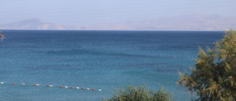 A view of a coastal area with a clear blue sea, some greenery, and distant mountains.