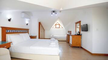 Un dormitorio con una cama grande, un escritorio, un televisor y un baño con ducha.
