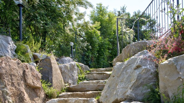 A set of stone steps with metal railings, surrounded by greenery and rocks. - Bed & Breakfast Le Due G (Varese)