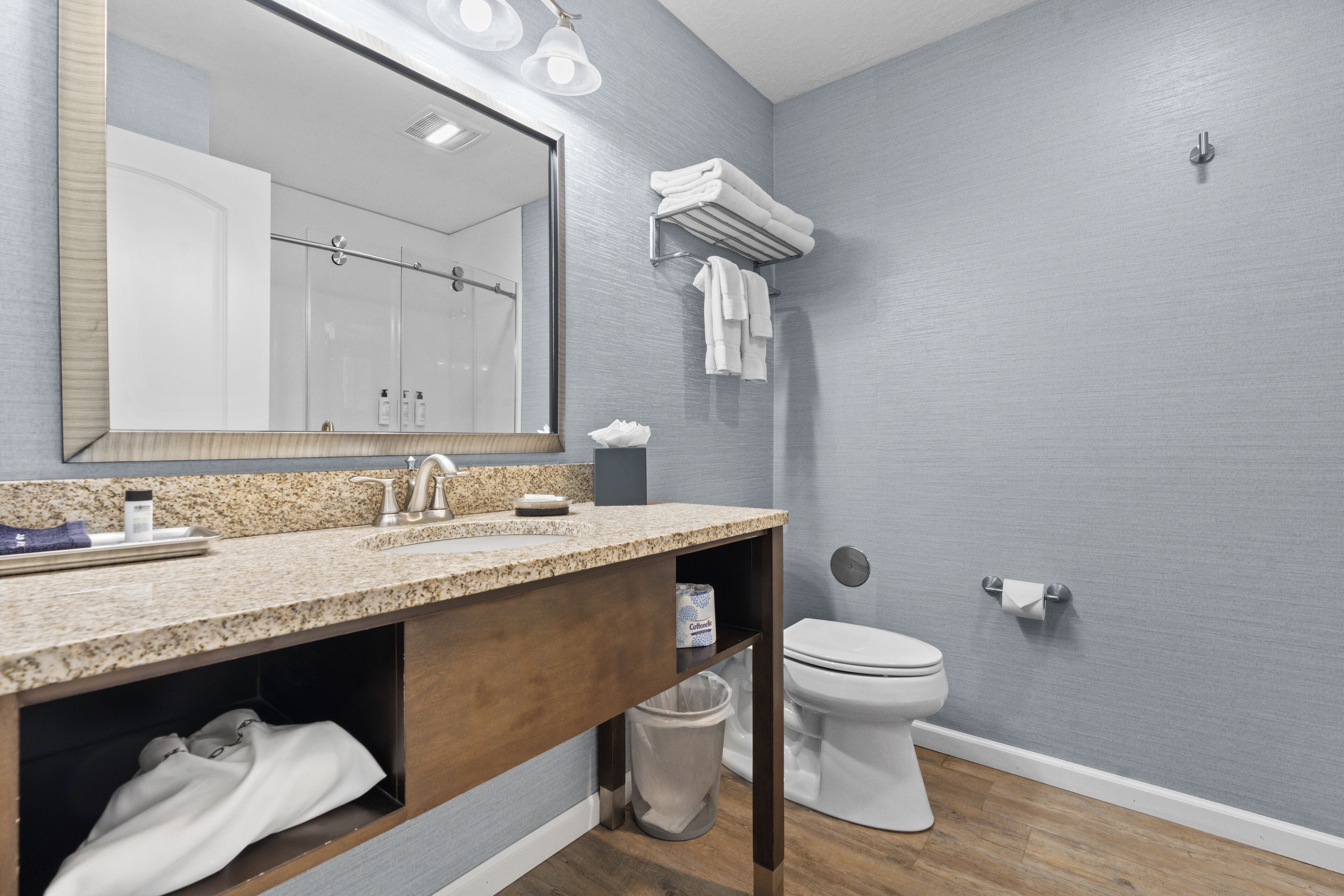 free toiletries, hair dryer, towels, soap