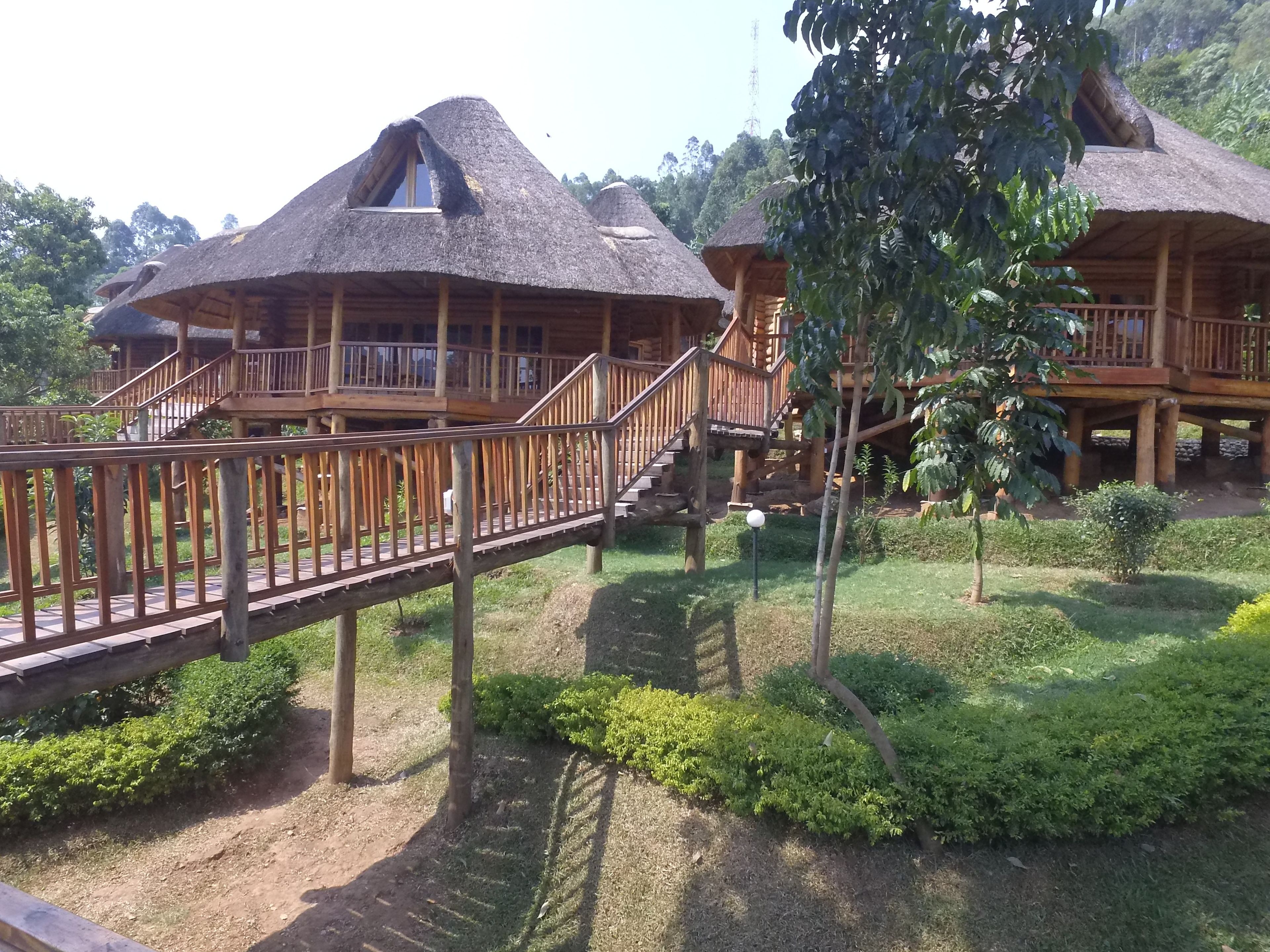 A wooden structure with a thatched roof, a wooden deck, and a staircase leading to a balcony.