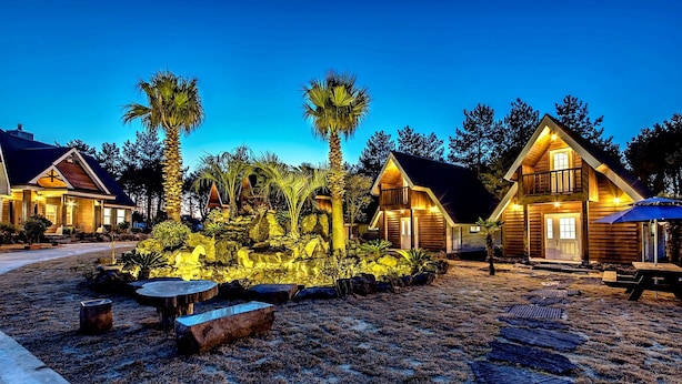 A resort with multiple wooden cabins, a landscaped garden with palm trees, and a clear sky. - Browncabin Pension (Jeju City)