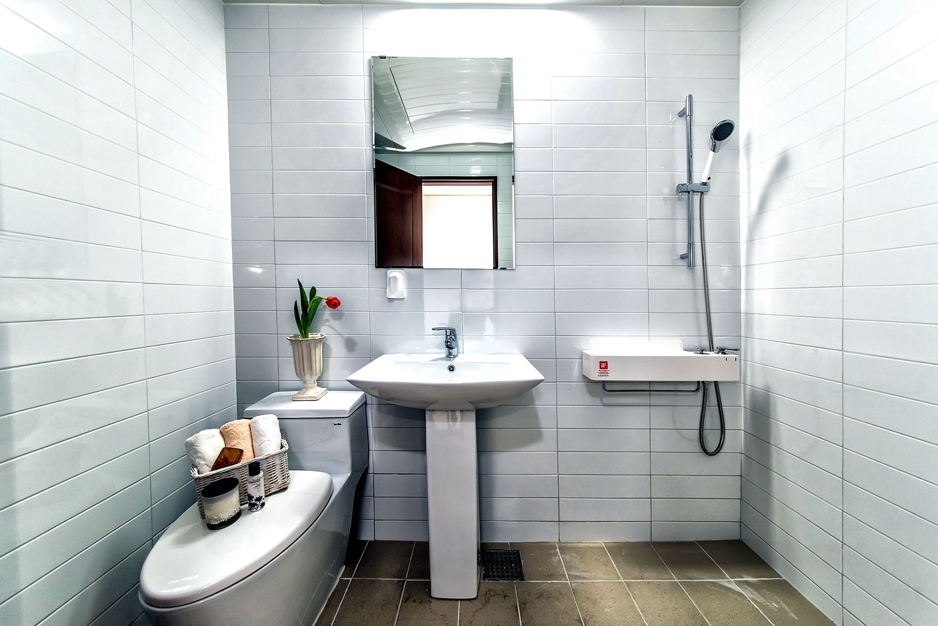 Un bagno piccolo e moderno, con piastrelle bianche, un water, un lavandino, uno specchio e una doccia.