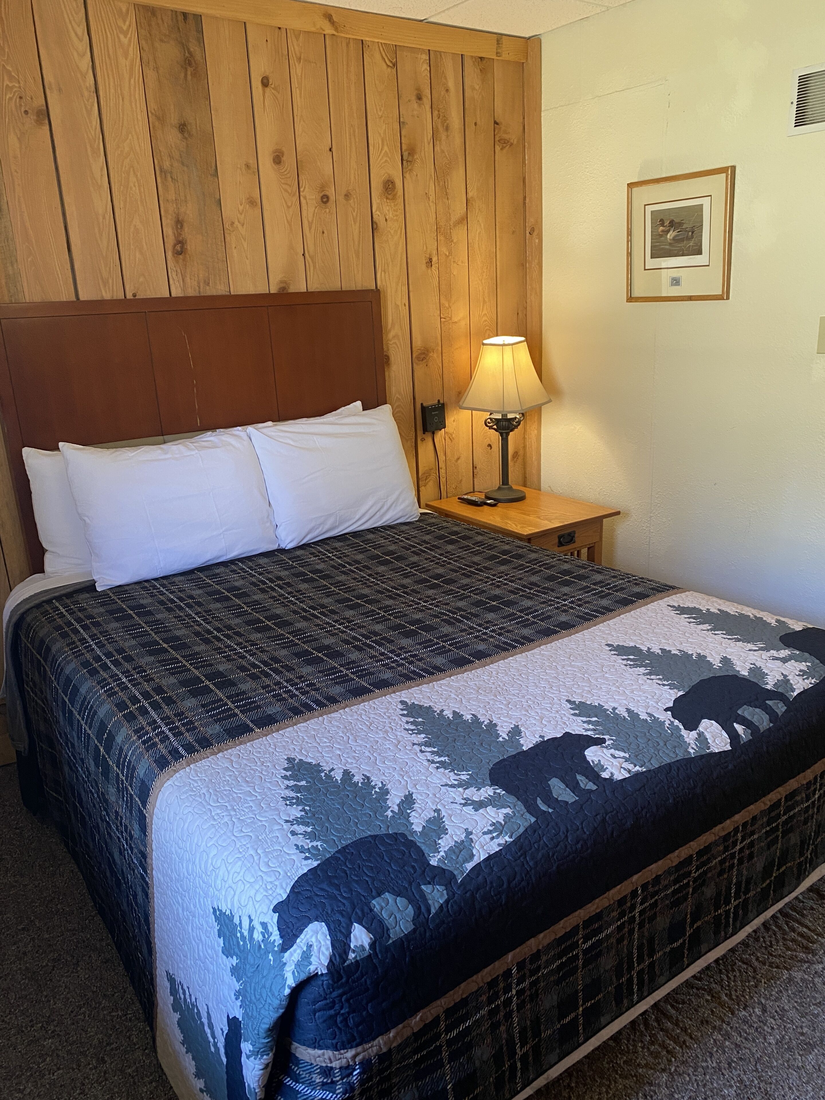 A bed with a patterned bedspread, a wooden headboard, a nightstand with a lamp, and a framed picture on the wall.