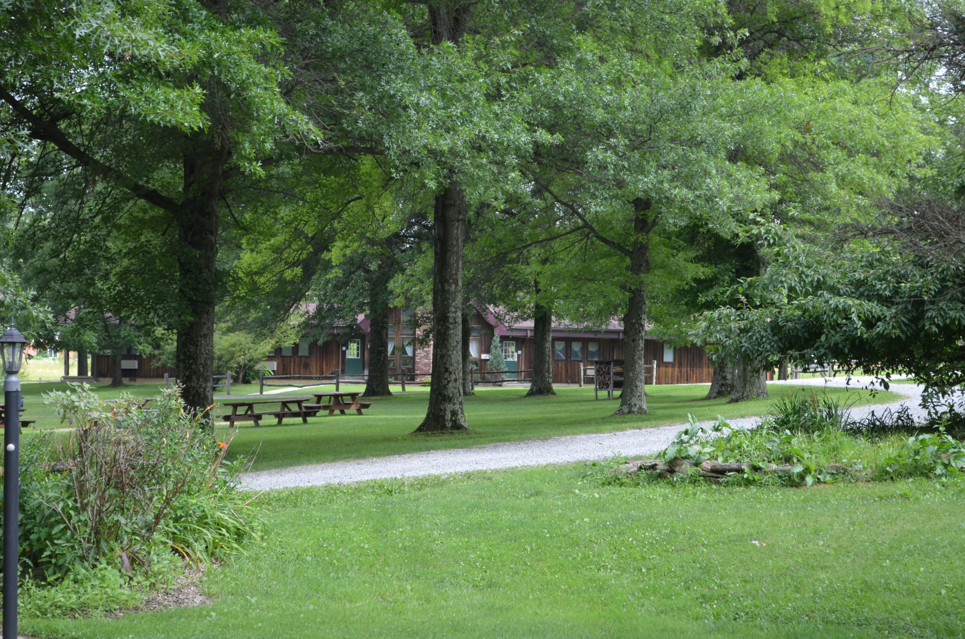 Un parque con mesas de picnic y un edificio al fondo.